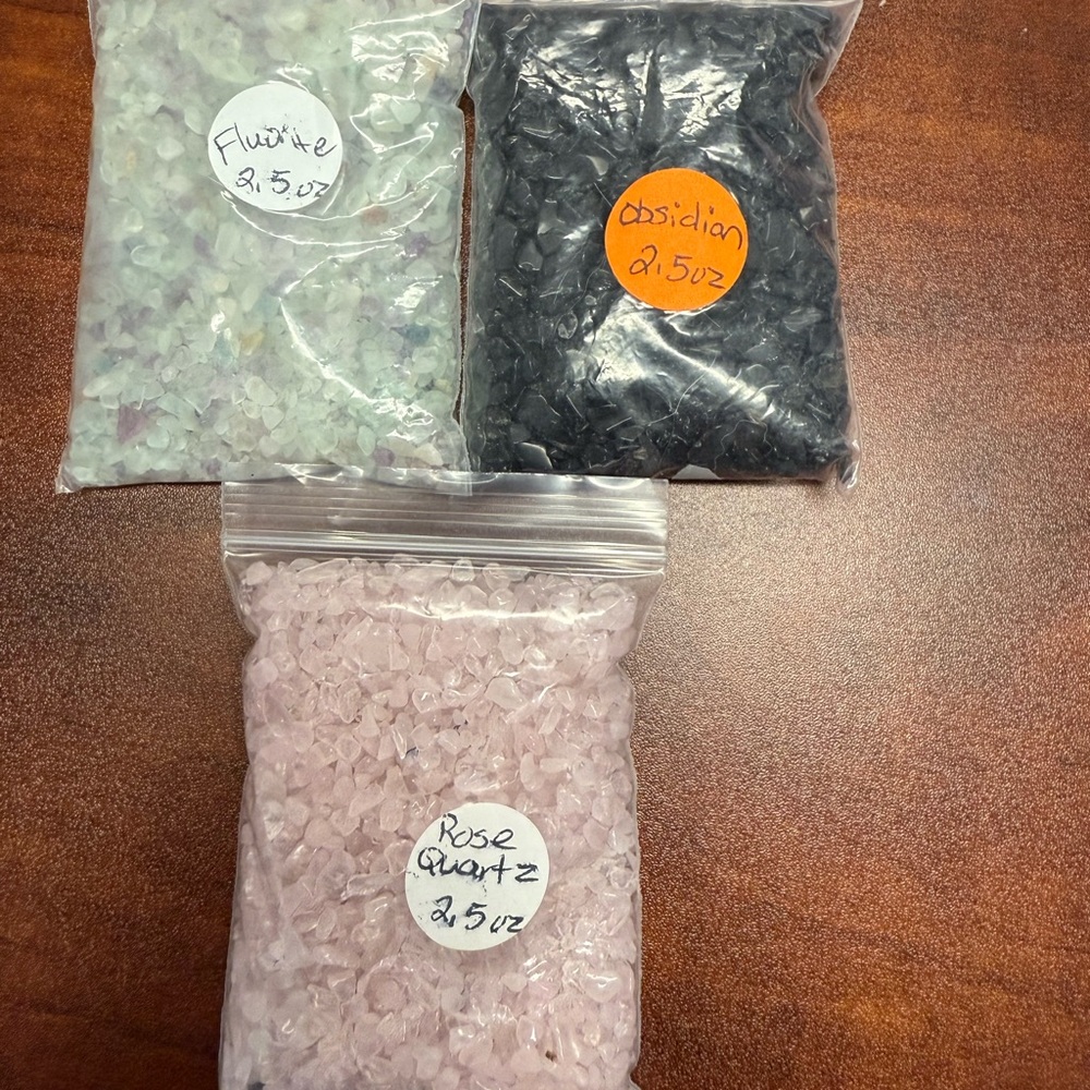 Fluorite, Obsidian, and Rose Quartz Crystal Chips 2.5 ounces each.